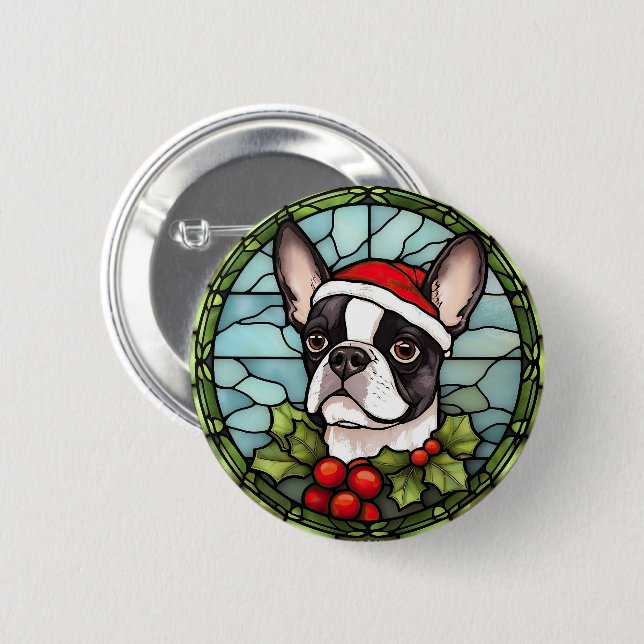 Boston Terrier Stained Glass Christmas 6 Cm Round Badge (Front & Back)