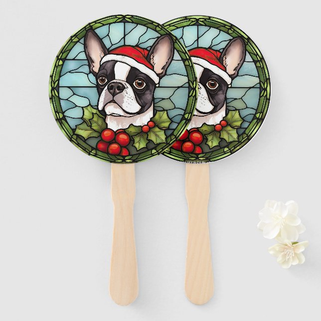 Boston Terrier Stained Glass Christmas Hand Fan (Front and Back)