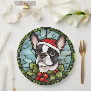 Boston Terrier Stained Glass Christmas Paper Plate