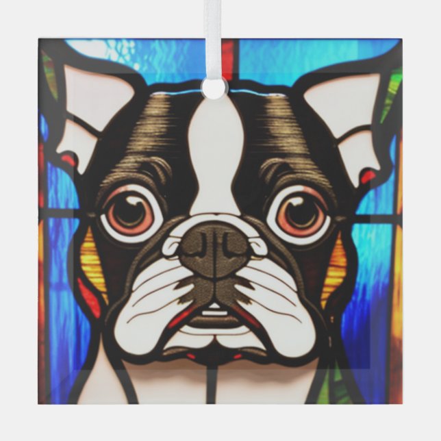 Boston Terrier "Stained Glass"  Glass Tree Decoration (Front)