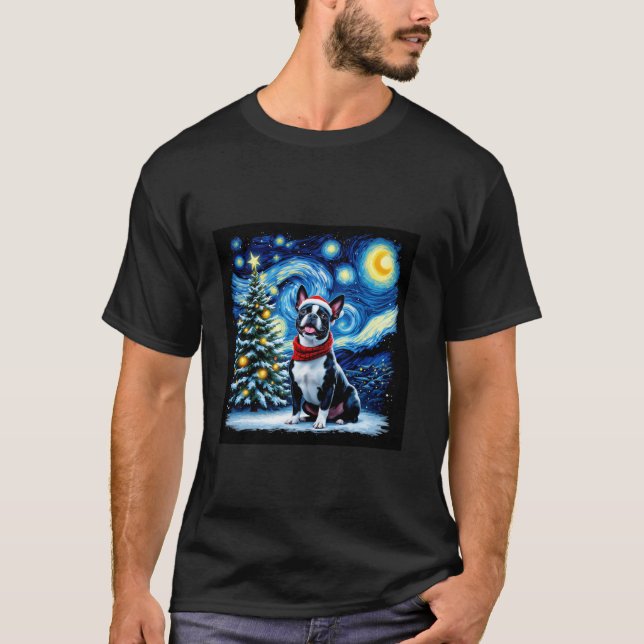 Boston Terrier Starry Night Christmas Van Gogh Dog T-Shirt (Front)