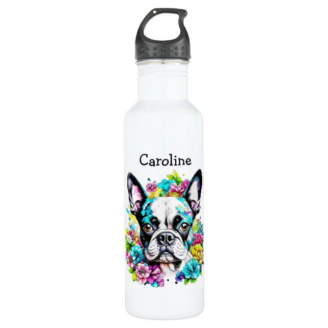 Boston Terrier surrounded by Flowers Personalised 710 Ml Water Bottle (Front)