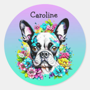 Boston Terrier surrounded by Flowers Personalised Classic Round Sticker