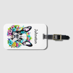 Boston Terrier surrounded by Flowers Personalised Luggage Tag