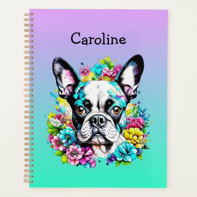 Boston Terrier surrounded by Flowers Personalised Planner (Front)