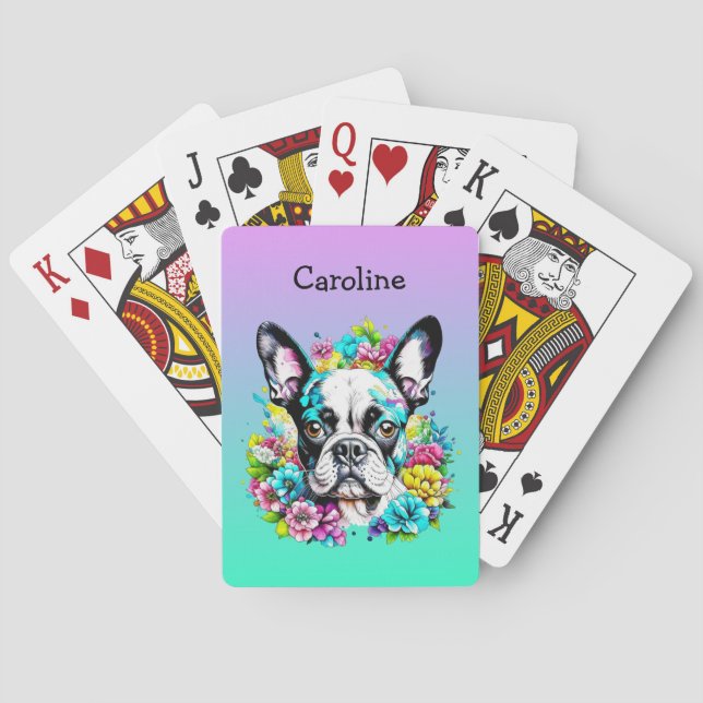 Boston Terrier surrounded by Flowers Personalised Playing Cards (Back)