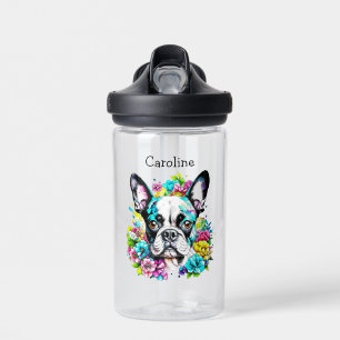 Boston Terrier surrounded by Flowers Personalised Water Bottle