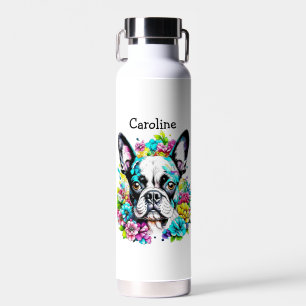 Boston Terrier surrounded by Flowers Personalised Water Bottle