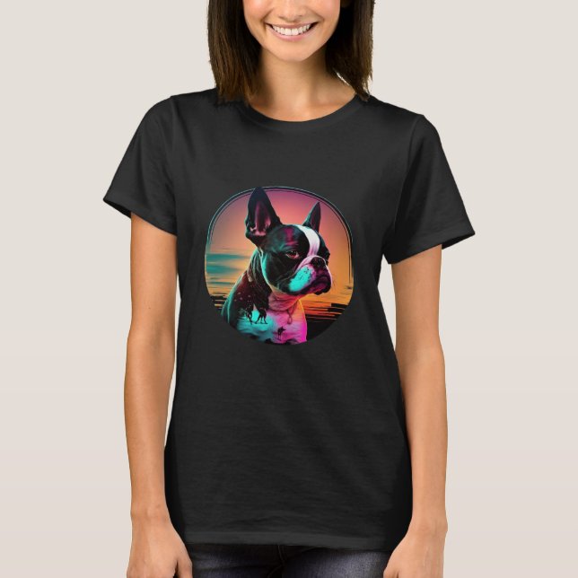 Boston Terrier Synthwave 80s Retrowave Aesthetic   T-Shirt (Front)