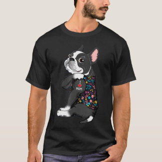 Boston Terrier Tattoo I love Mom Flower Pitbull Do T-Shirt