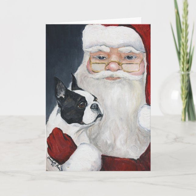 "Boston Terrier Tells Santa" Art Christmas Card (Front)