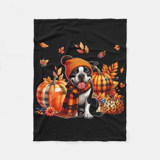 Boston Terrier Thanksgiving Leopard Pumpkins Fall  Fleece Blanket (Front)