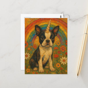 Boston Terrier Unicorn Puppy and a Rainbow Postcard