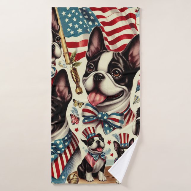 Boston Terrier Vintage Seamless Illustration Bath Towel (Bath Towel)