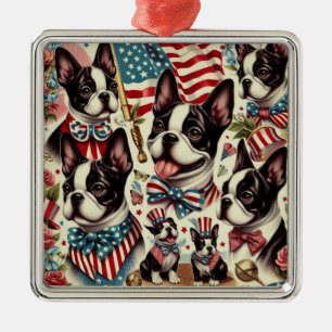 Boston Terrier Vintage Seamless Illustration Metal Tree Decoration