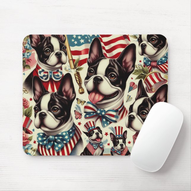 Boston Terrier Vintage Seamless Illustration Mouse Mat (With Mouse)