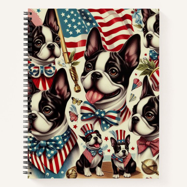 Boston Terrier Vintage Seamless Illustration Notebook (Front)