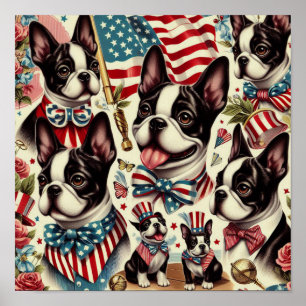 Boston Terrier Vintage Seamless Illustration Poster