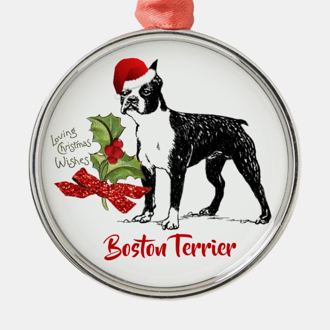 Boston Terrier w/Santa Cap Holly Christmas Metal Tree Decoration (Front)