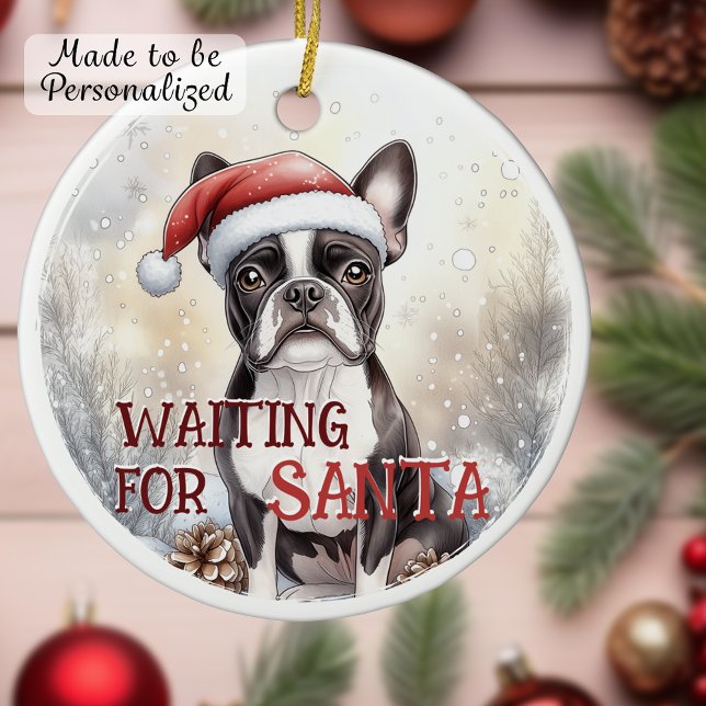 Boston Terrier Waiting For Santa Snowy Christmas Ceramic Tree Decoration (Boston Terrier Waiting For Santa Snowy Christmas Ceramic Ornament)