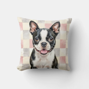 Boston Terrier Watercolor Chequered Pattern Art Cushion
