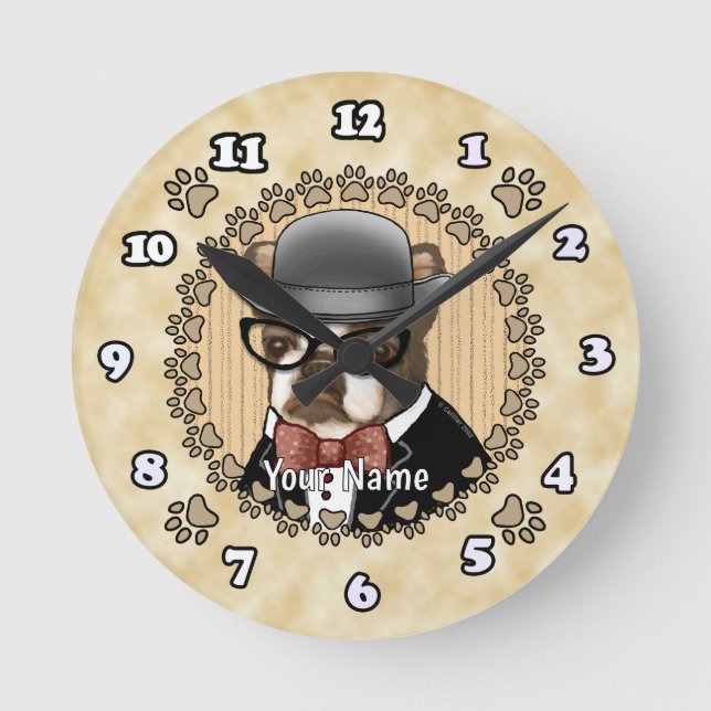 Boston Terrier Wearing Glasses Round Clock (Front)