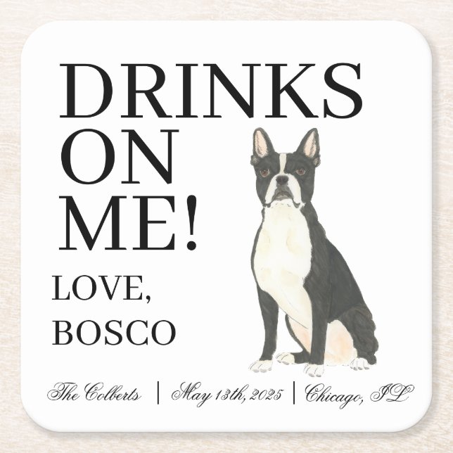 Boston Terrier Wedding Square Paper Coaster (Front)