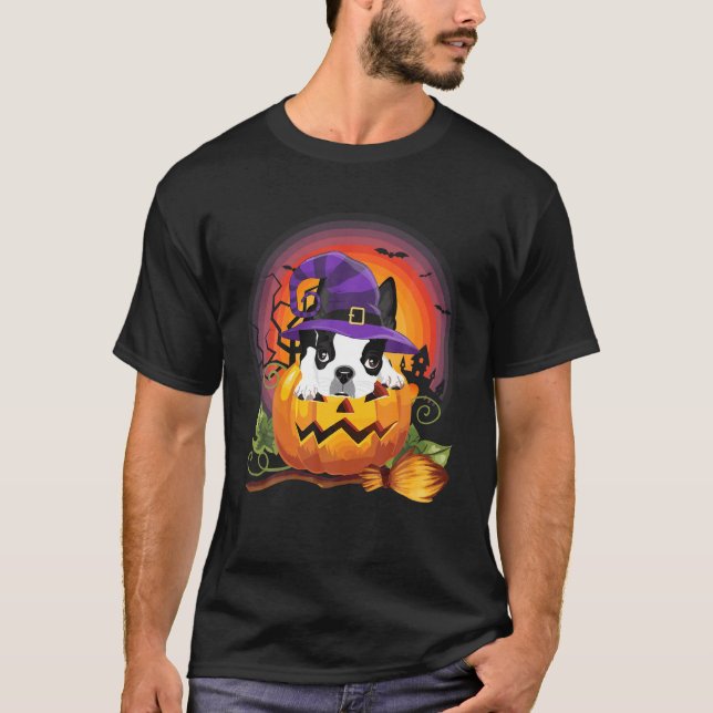 Boston Terrier Witch Pumpkin Halloween Dog Lover T-Shirt (Front)