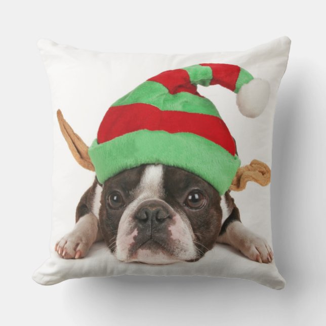 Boston Terrier With A Christmas Hat Cushion (Front)