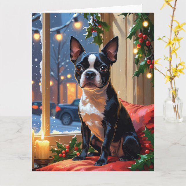 Boston Terrier with Christmas Lights Holiday Card (Yellow Flower)