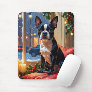 Boston Terrier with Christmas Lights Holiday Mouse Mat