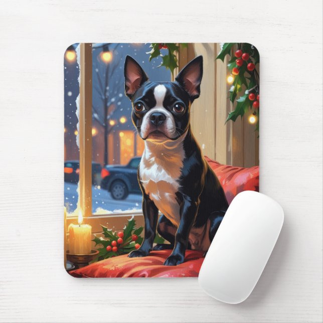 Boston Terrier with Christmas Lights Holiday Mouse Mat (With Mouse)