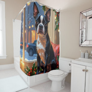 Boston Terrier with Christmas Lights Holiday Shower Curtain