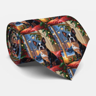 Boston Terrier with Christmas Lights Holiday Tie