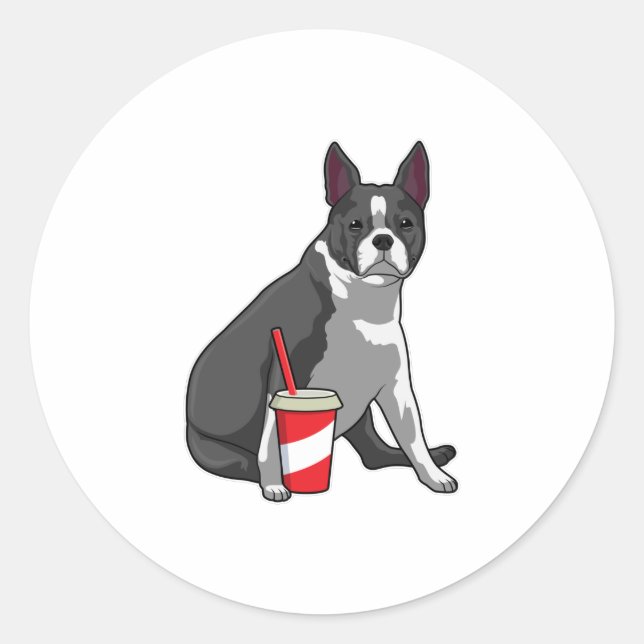 Boston Terrier with Drink Classic Round Sticker (Front)