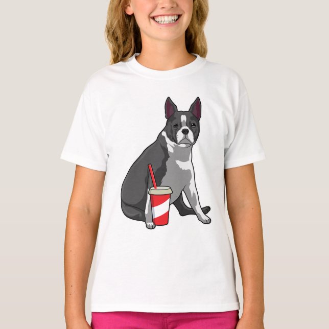 Boston Terrier with Drink T-Shirt (Front)