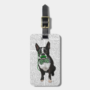 Boston Terrier With Green Moustache And Spotty Luggage Tag