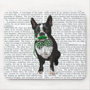 Boston Terrier With Green Moustache And Spotty Mouse Mat