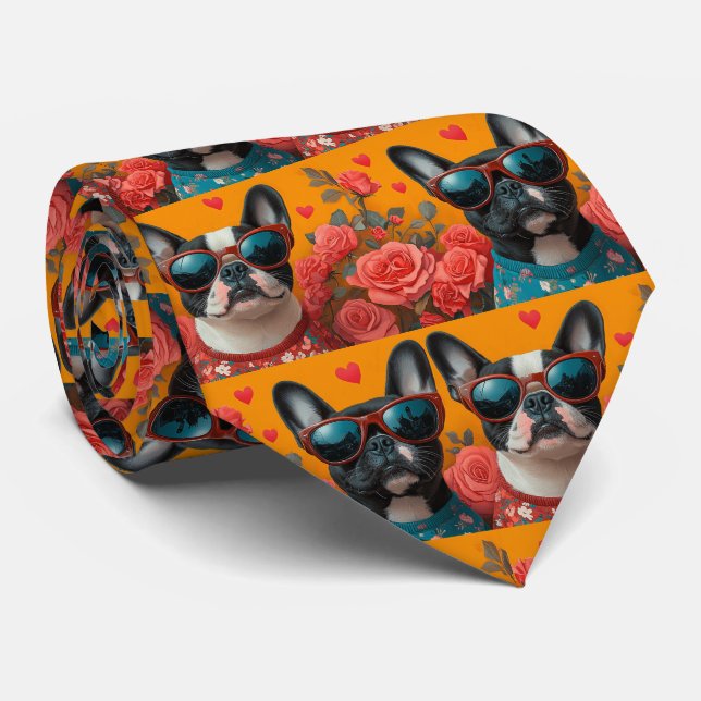 Boston Terrier With Heart Roses Valentine's Day Tie (Rolled)