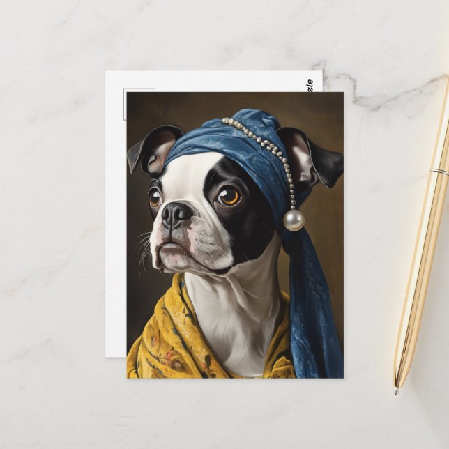 Boston Terrier With Pearl Earring Fine Art Parody Postcard (Front/Back In Situ)