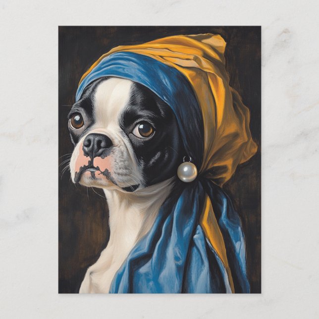 Boston Terrier With Pearl Earring Parody Postcard (Front)