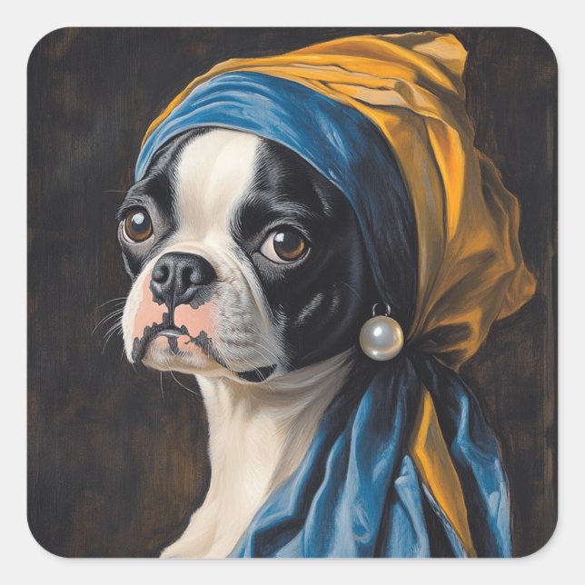 Boston Terrier With Pearl Earring Parody Square Sticker (Front)