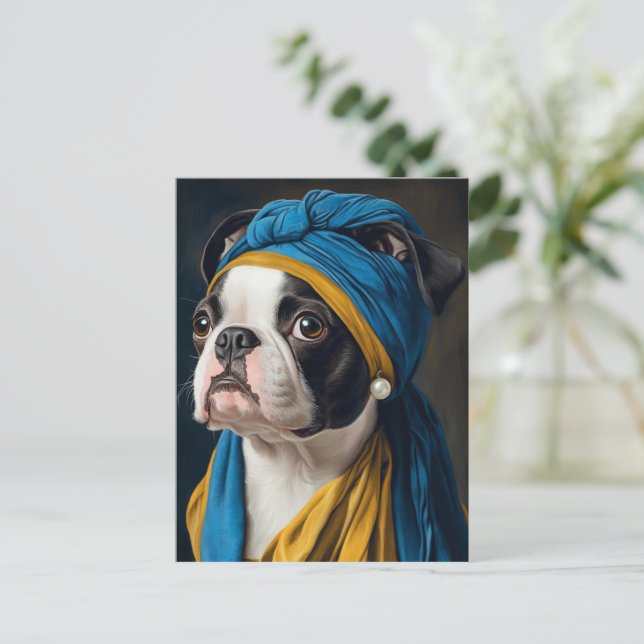 Boston Terrier With Pearl Earring  Postcard (Standing Front)
