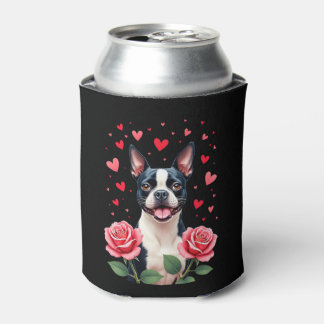 Boston Terrier with Red Roses Hearts Valentine�s D Can Cooler