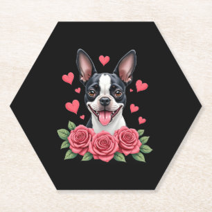 Boston Terrier with Red Roses Hearts Valentine�s D Paper Coaster