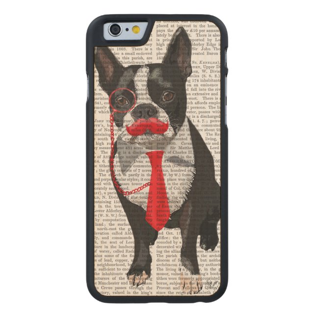 Boston Terrier With Red Tie and Moustache 2 Carved Wood iPhone Case (Back)
