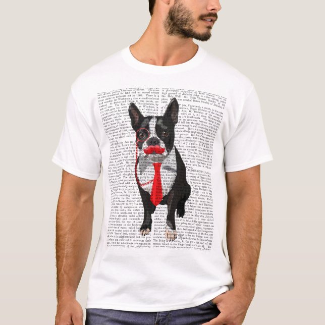 Boston Terrier With Red Tie and Moustache 2 T-Shirt (Front)