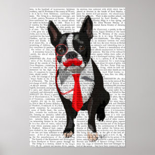 Boston Terrier With Red Tie and Moustache Poster