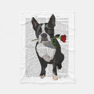 Boston Terrier with Rose in Mouth Fleece Blanket