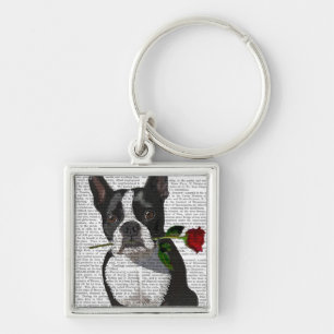 Boston Terrier with Rose in Mouth Key Ring